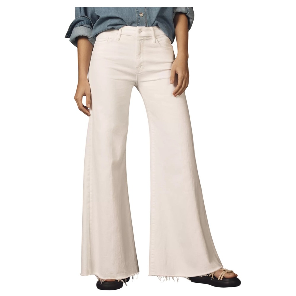 MOTHER Lil' Roller Fray White Wide Leg Jeans Size 23 High Rise Raw Hem